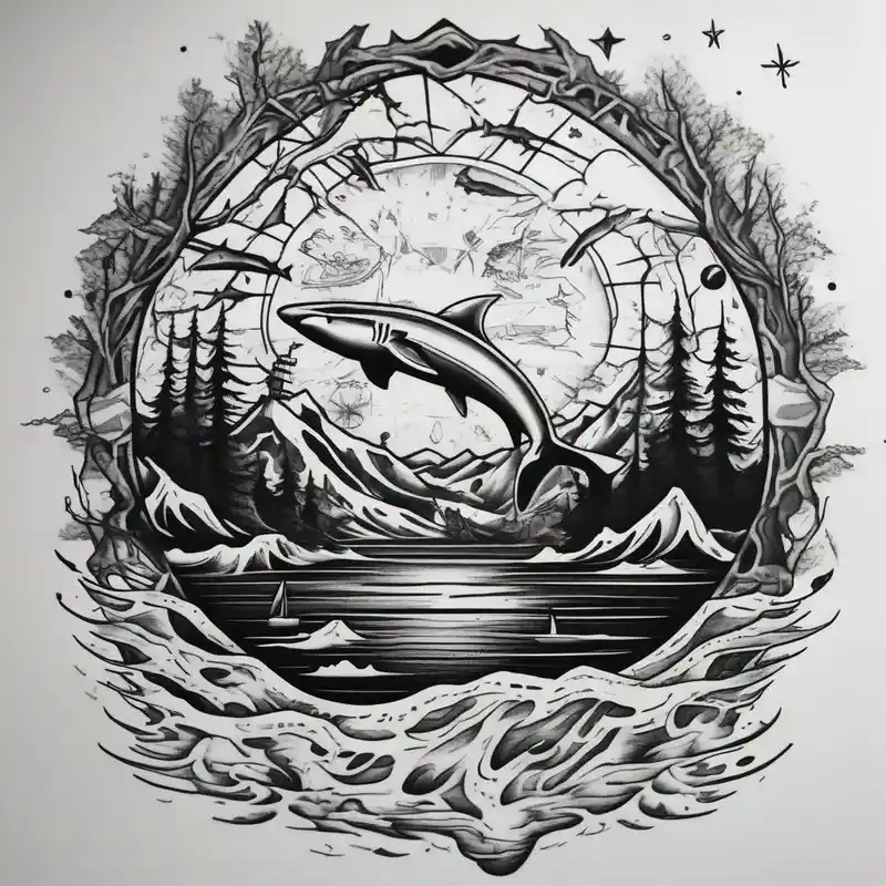 tattoo that has an acacia tree with forest mountains, ocean with a ship wreck with sharks and the bright northern star half – Surreal, Vibrant color